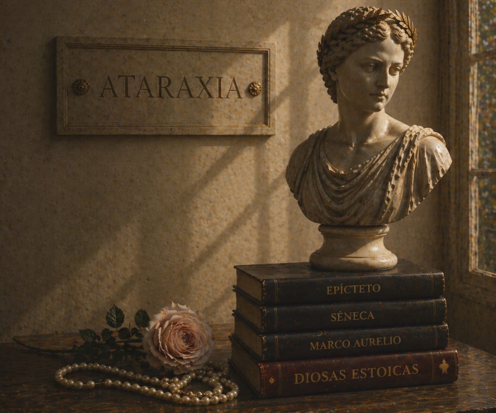 Busto clásico sobre libros de Epicteto, Séneca y Marco Aurelio junto a una rosa y perlas
