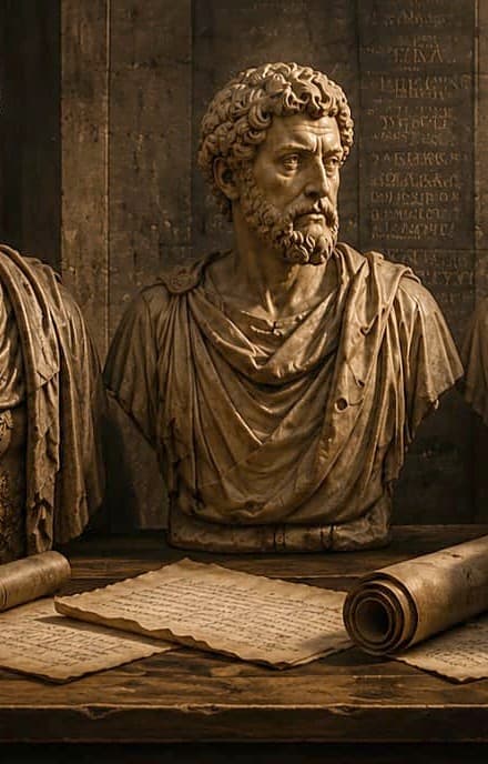 Biblioteca del Templo — bustos clásicos, pergaminos y libros sobre una mesa en penumbra