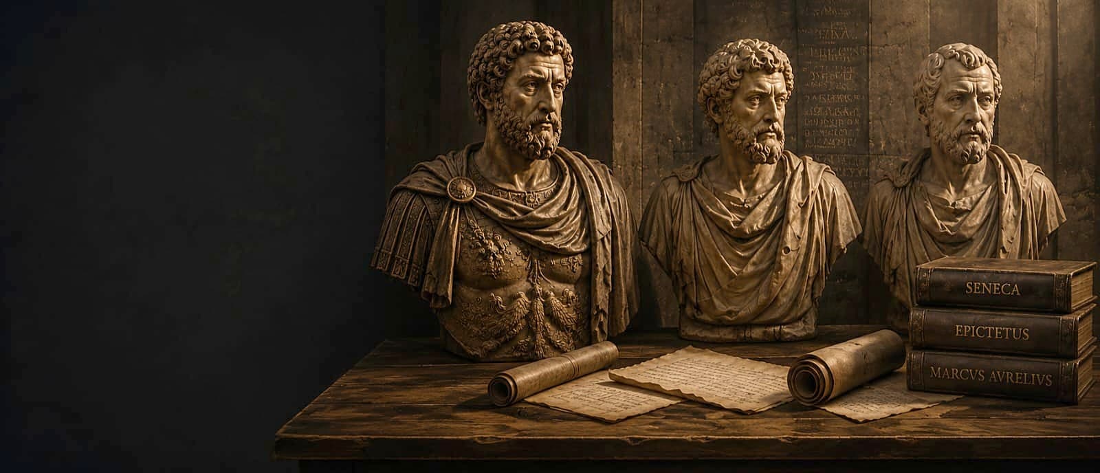 Biblioteca del Templo — bustos clásicos, pergaminos y libros sobre una mesa en penumbra